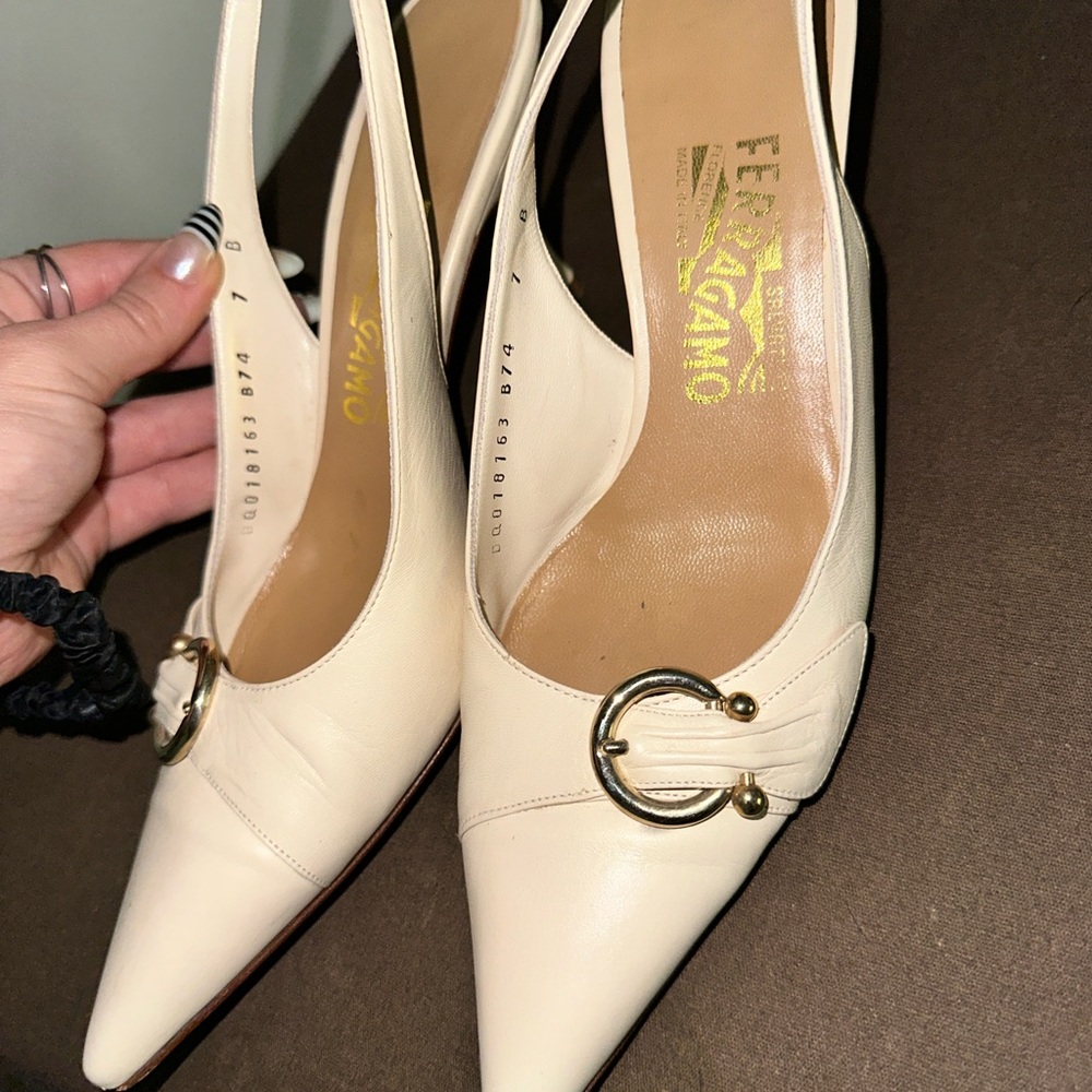 Salvatore Ferragamo Cream Slingback Heels with Gold Buckle